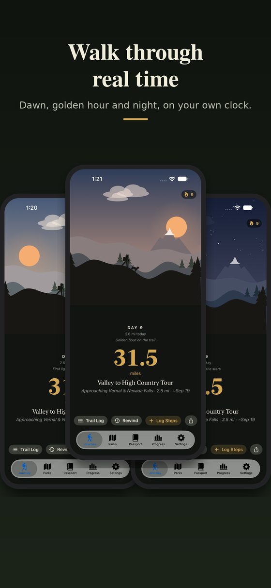 Walk through real time: the same trail at dawn, sunset and night.