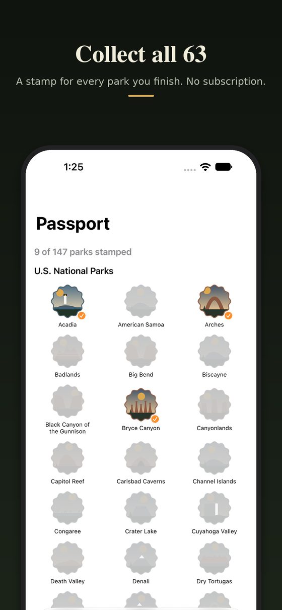 Collect all 63: the passport grid with stamps for finished parks.